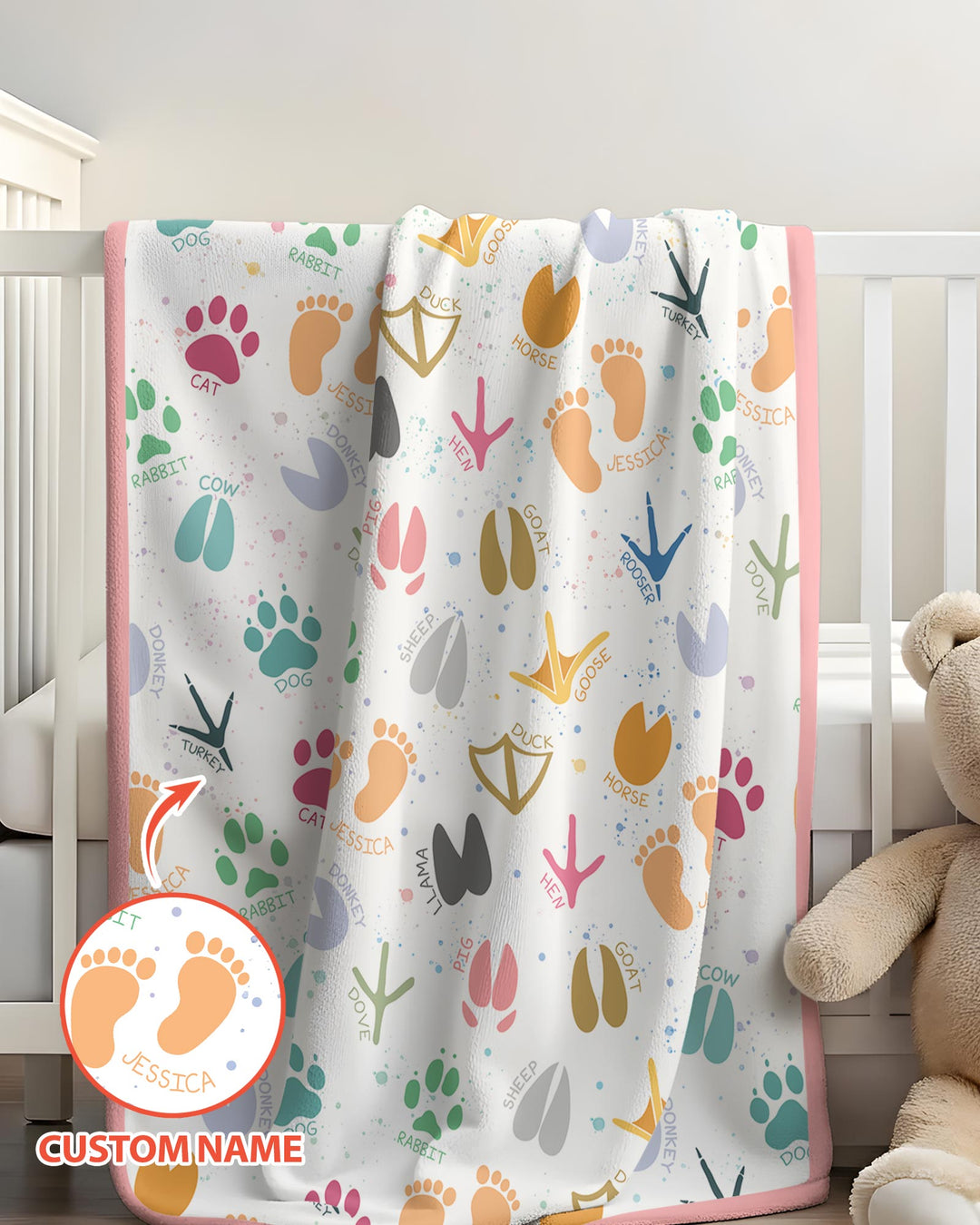 Cute Farm Animal Tracks Custom Name Bamboo Blanket
