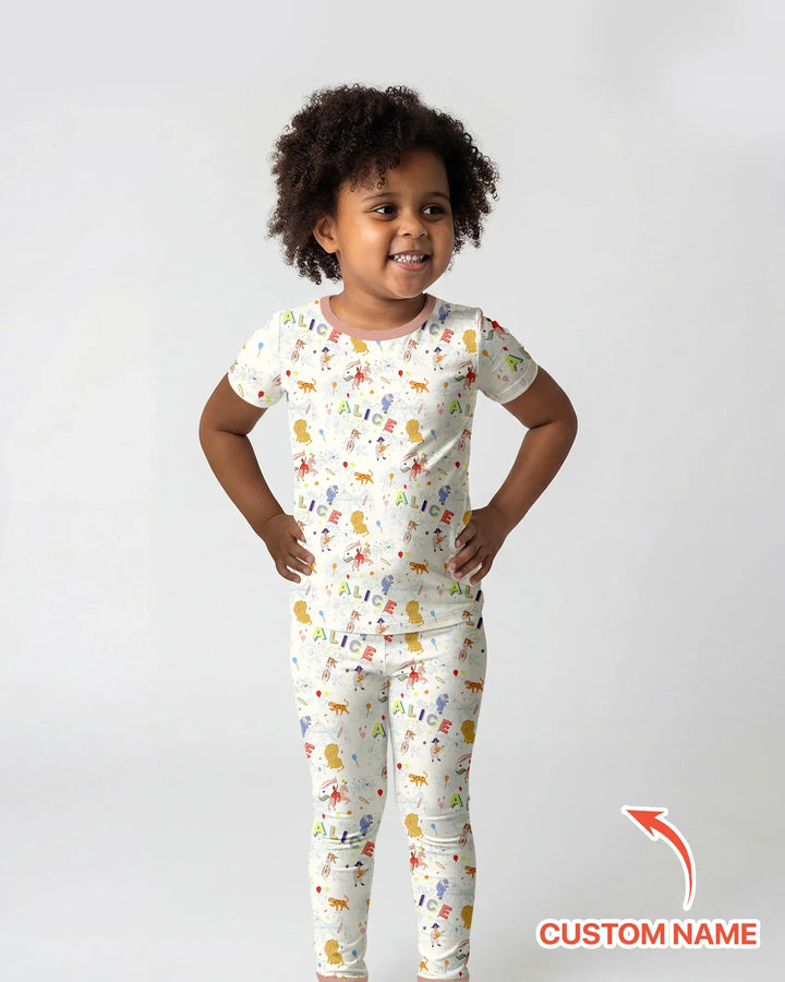 Custom Name Circus Toile Bamboo Two Piece Short Sleeve Pajama Set