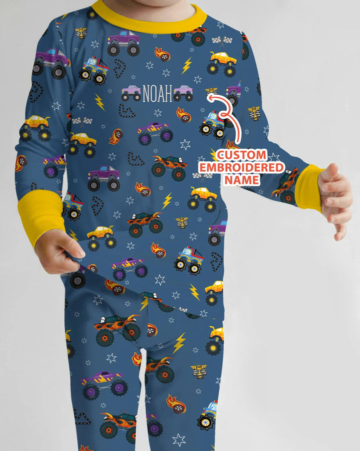 Custom Name Embroidered Crazy Truck Bamboo Two Piece Long Sleeve Pajama Set