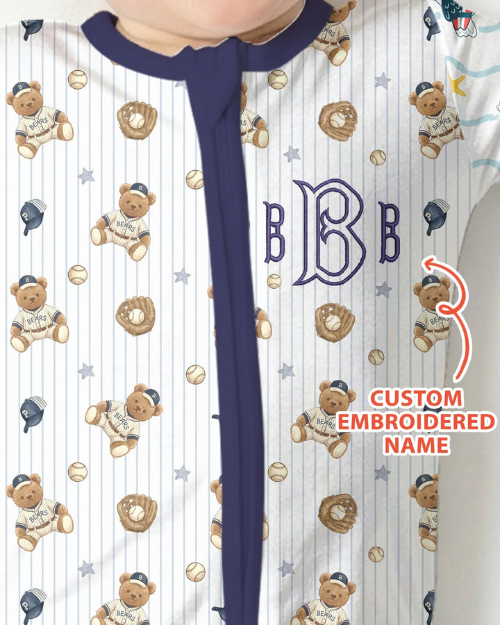 Personalized Embroidered Teddy Bear Baseball Baby Bamboo Convertible Zippy