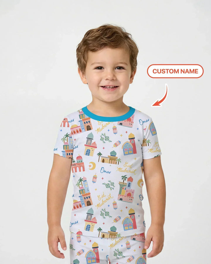 Eid Mubarak Custom Name Bamboo Two Piece Short Sleeve Pajama Set
