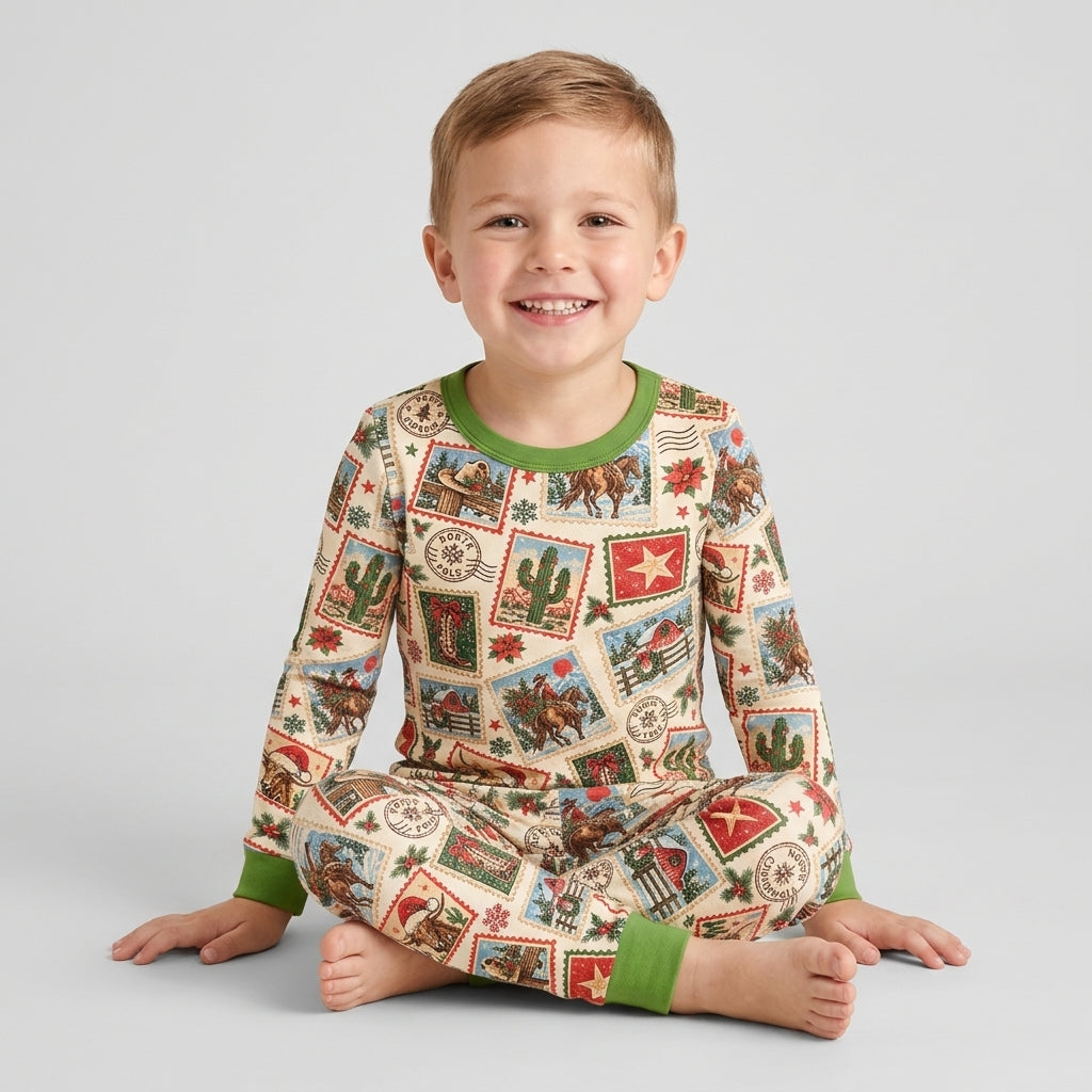 Western Christmas Stamps Bamboo Two Piece Long Sleeve Pajama Set