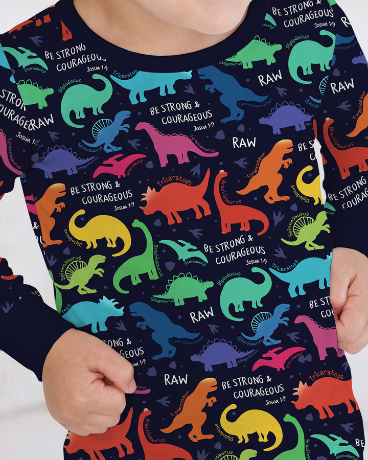 Be Strong and Courageous Dinosaur Christian Bamboo Two Piece Long Sleeve Pajama Set