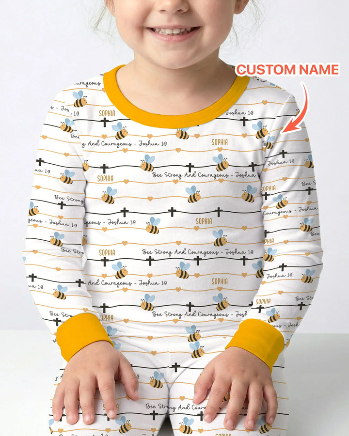 Bee Strong And Courageous Custom Name Bamboo Two Piece Long Sleeve Pajama Set