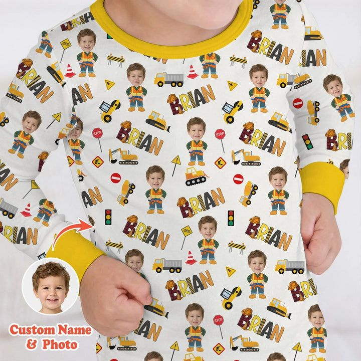 Custom Photo Doodle Little Builder Bamboo Two Piece Long Sleeve Pajama Set
