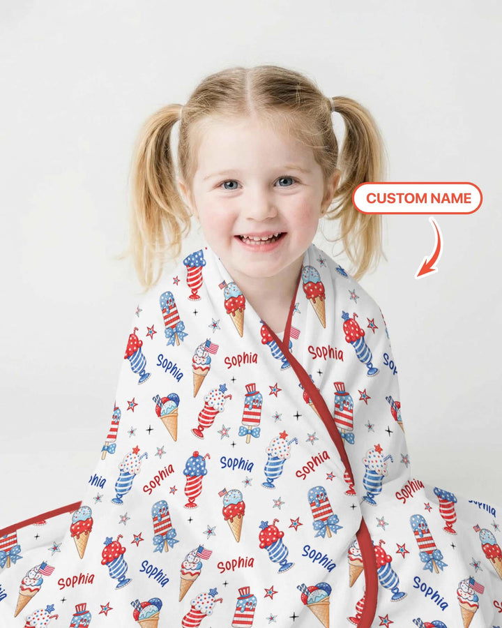 Custom Name Red, White & Ice Cream Bamboo Blanket