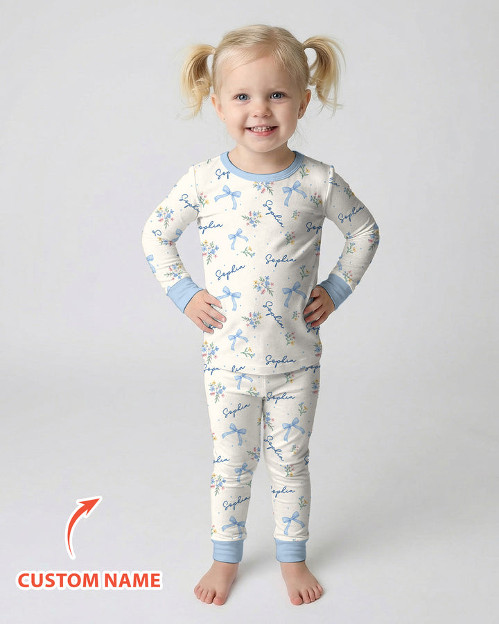 Pastel Ditsy Floral Bow Bamboo Two Piece Long Sleeve Pajama Set