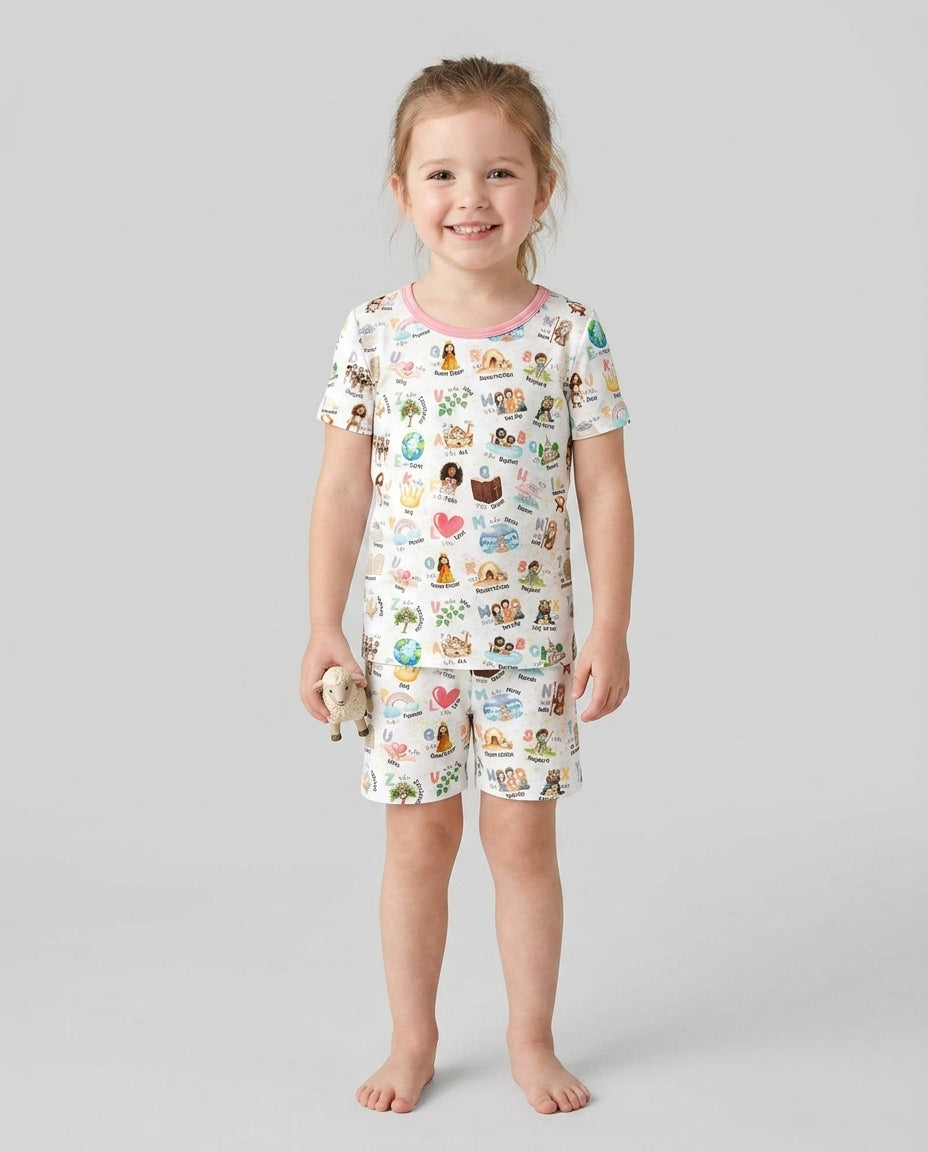 Bible ABC Alphabet Bamboo Two Piece Short Sleeve Shorts Pajama Set