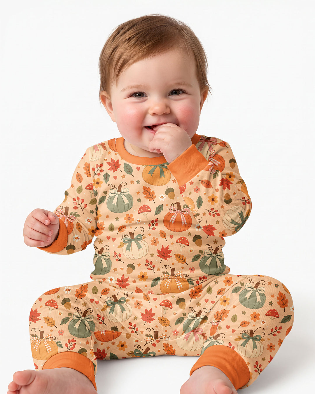 Pastel Pumpkin Bow Fall Bamboo Two Piece Long Sleeve Pajama Set