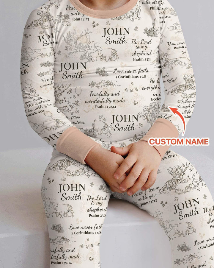 Classic Bear Bible Verse Custom Name Bamboo Two Piece Long Sleeve Pajama Set