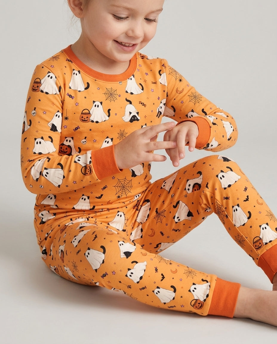 Ghost Cat Vintage Halloween Bamboo Two Piece Long Sleeve Pajama Set