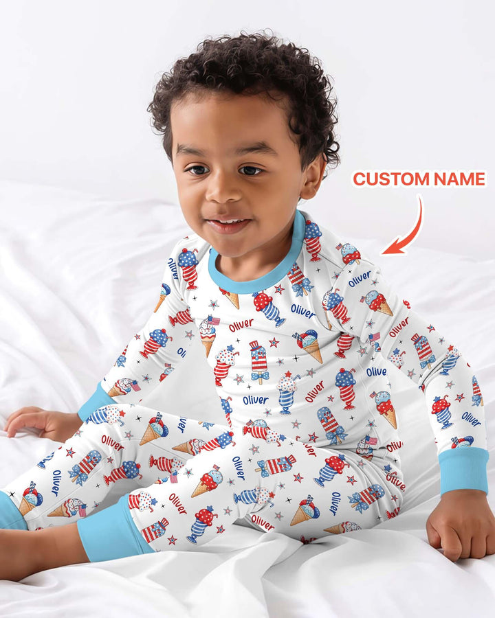 Custom Name Red, White & Ice Cream Bamboo Two Piece Long Sleeve Pajama Set