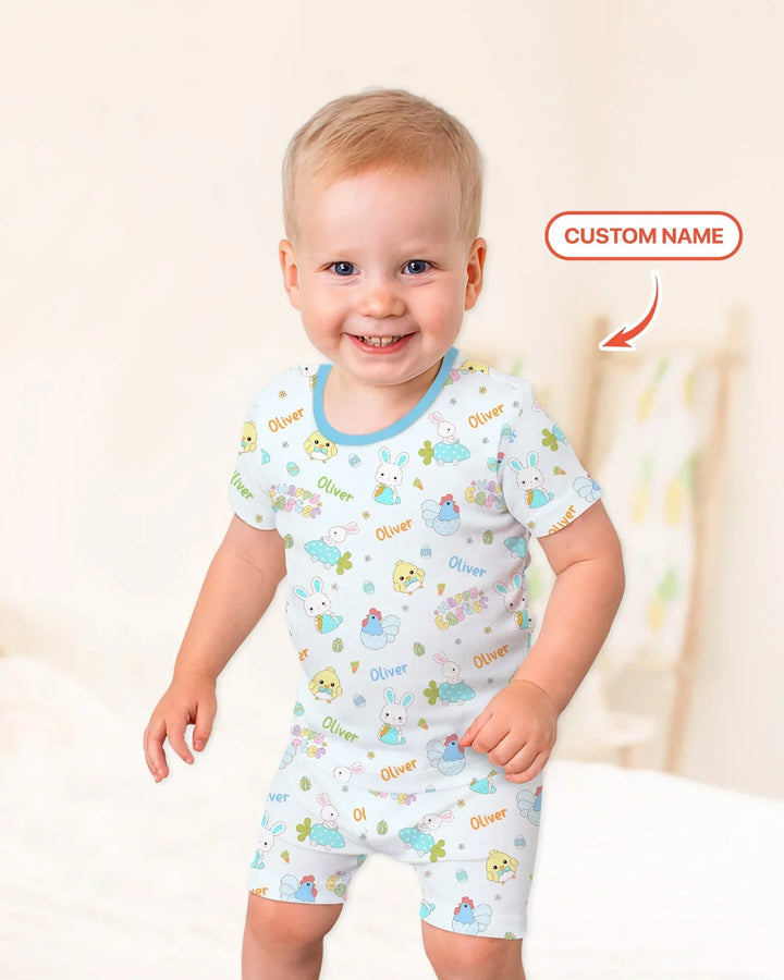 Custom name Happy Easter Bamboo Two Piece Short Sleeve Shorts Pajama Set