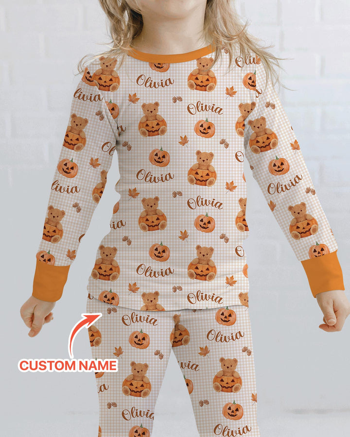 Custom Name Pumpkin Teddy Bamboo Two Piece Long Sleeve Pajama Set