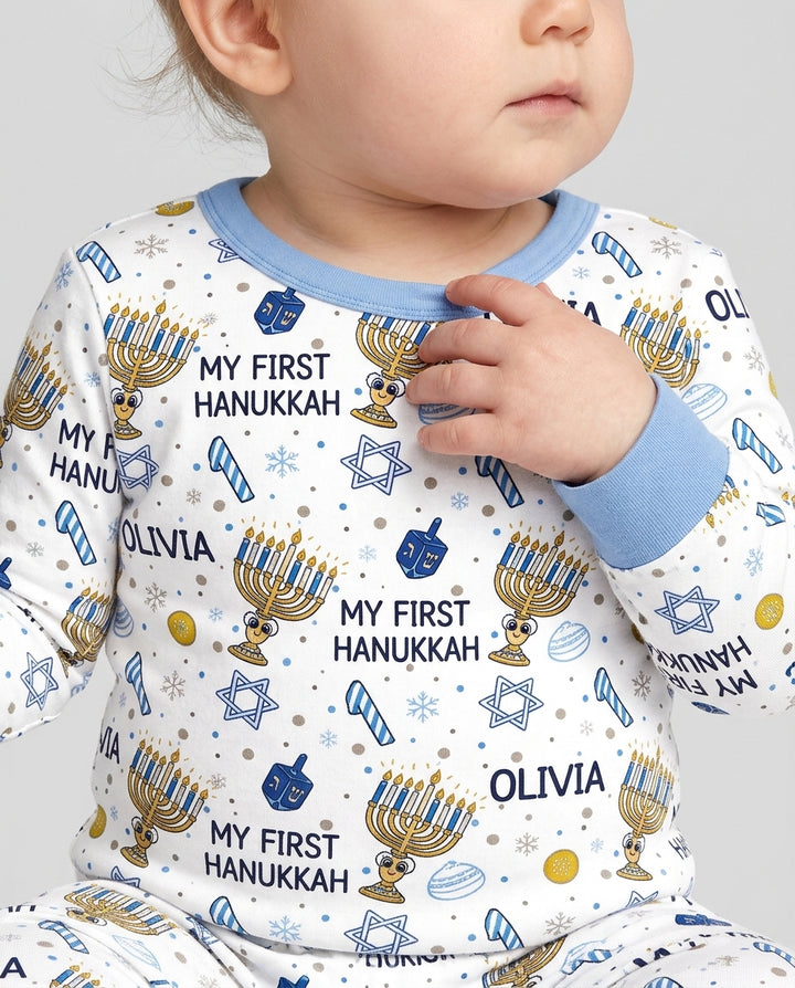 Custom Name Doodle Dreidel First Hanukkah Bamboo Two Piece Long Sleeve Pajama Set