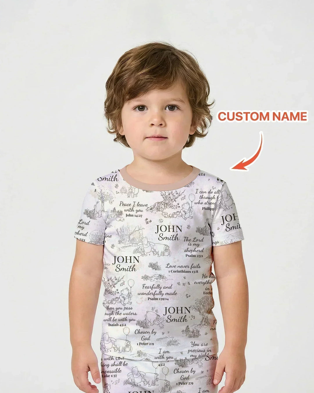 Classic Bear Bible Verse Custom Name Bamboo Two Piece Short Sleeve Shorts Pajama Set