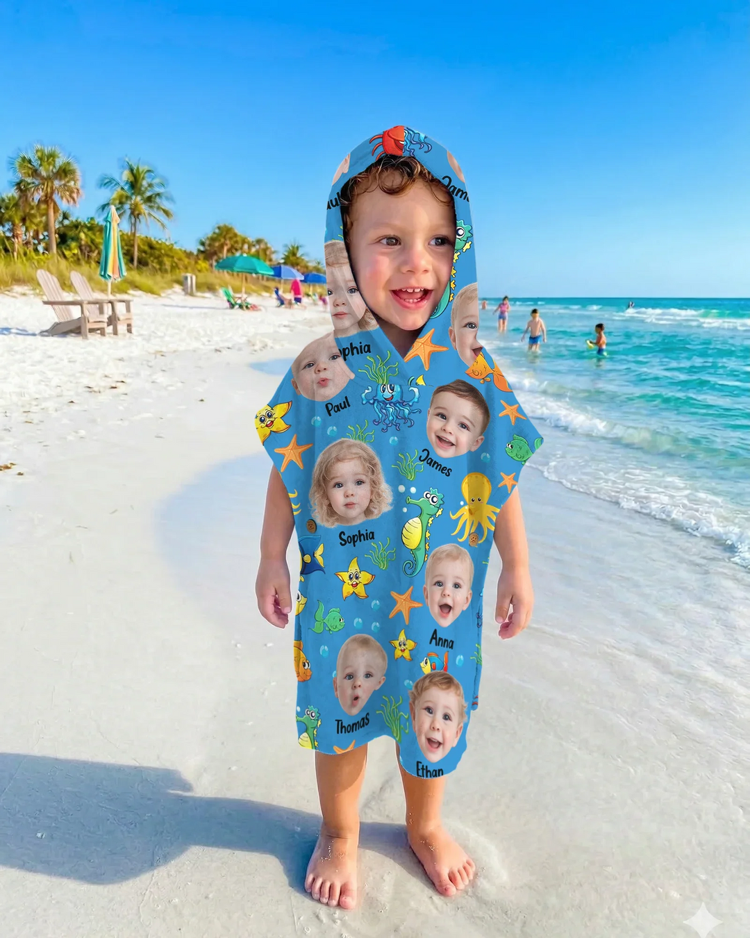 Individuelles Foto Süßes Kindergesicht Aquarell Meerestiere Sommerlicher Bambus-Badeponcho