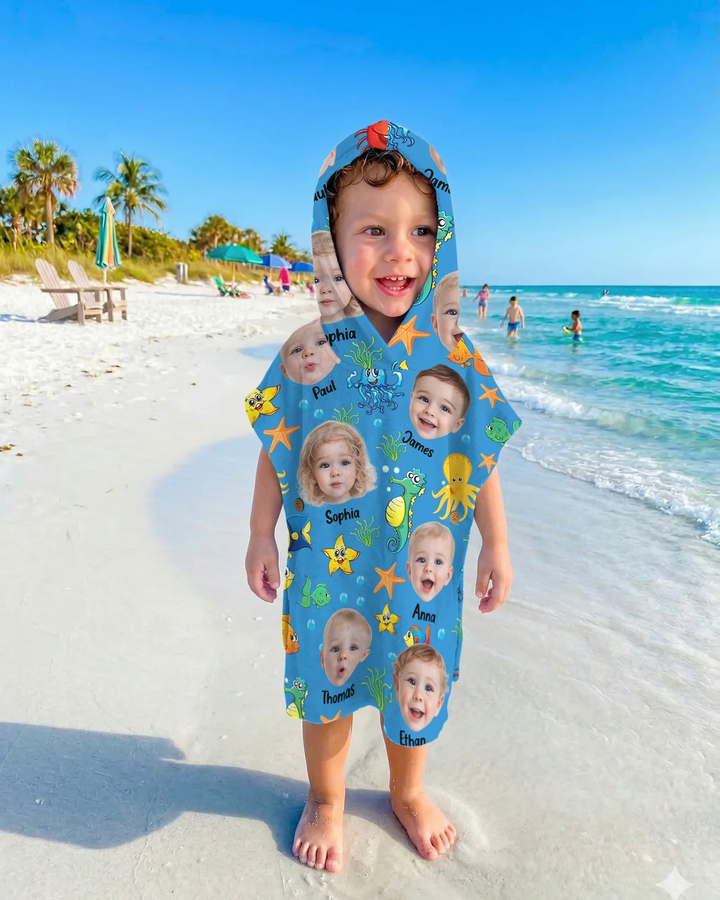 Individuelles Foto Süßes Kindergesicht Aquarell Meerestiere Sommerlicher Bambus-Badeponcho