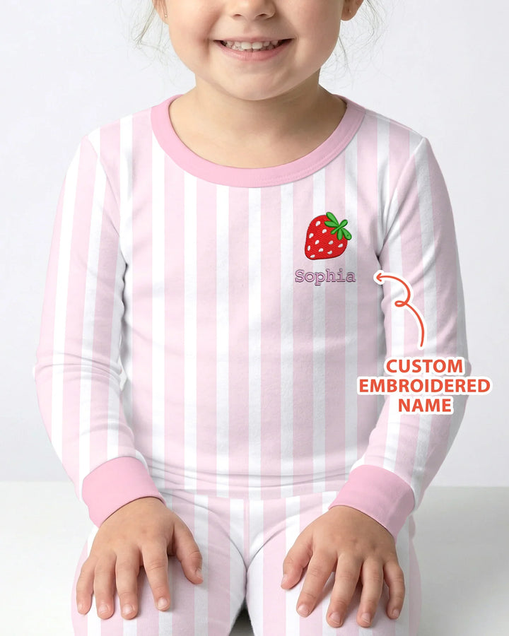 Personalized Embroidered Pink Stripes Baby Bamboo Two Piece Long Sleeve Pajama Set