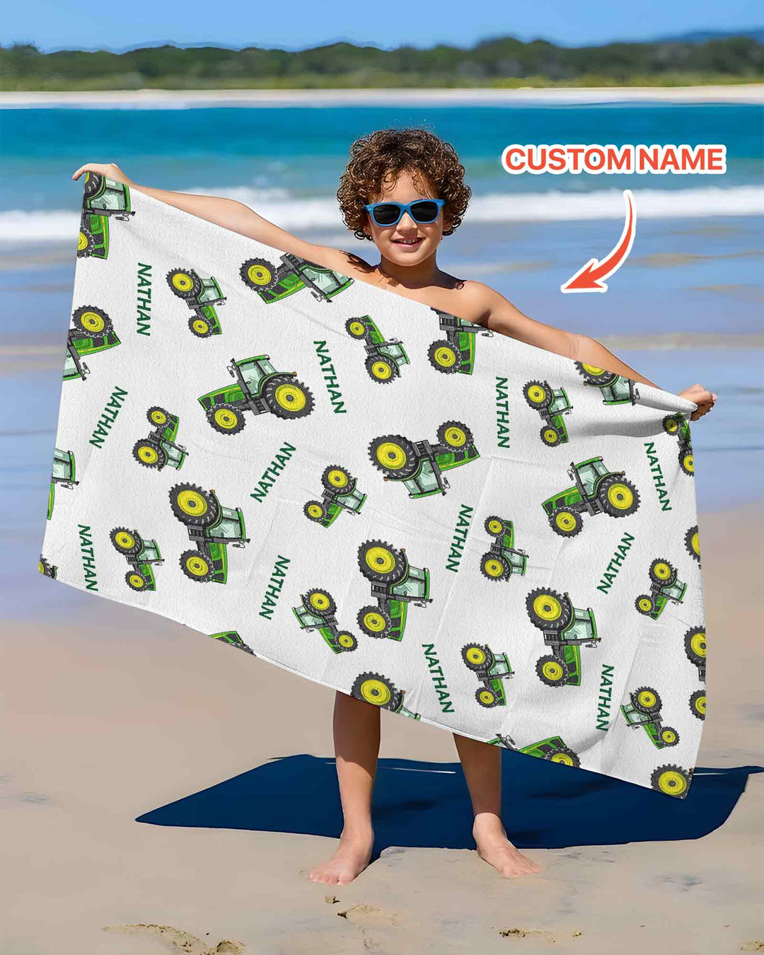 Custom Name Green Tractors Matching Daddy & Me  Beach Towel