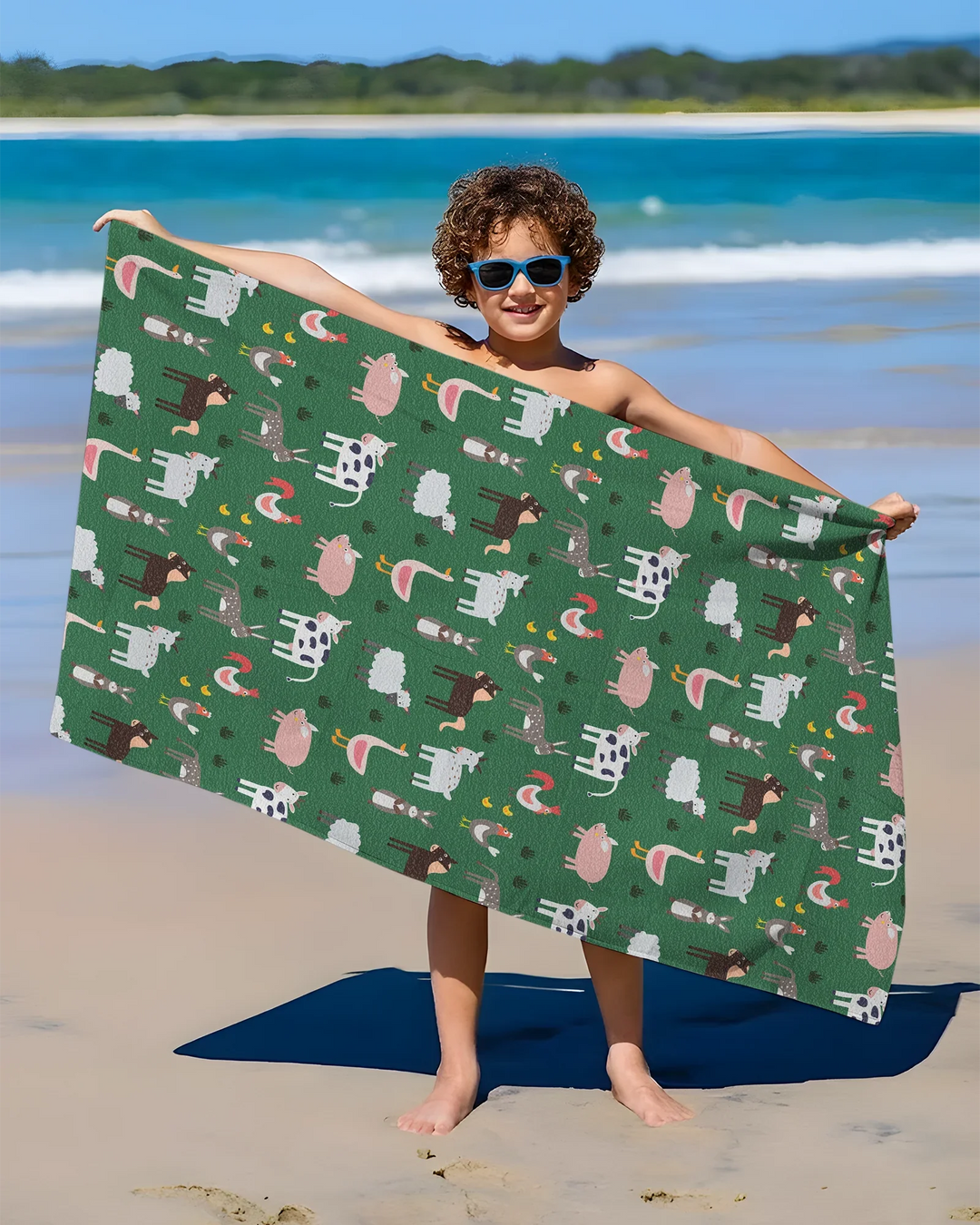 Green Farm Animals Bamboo Beach Towel
