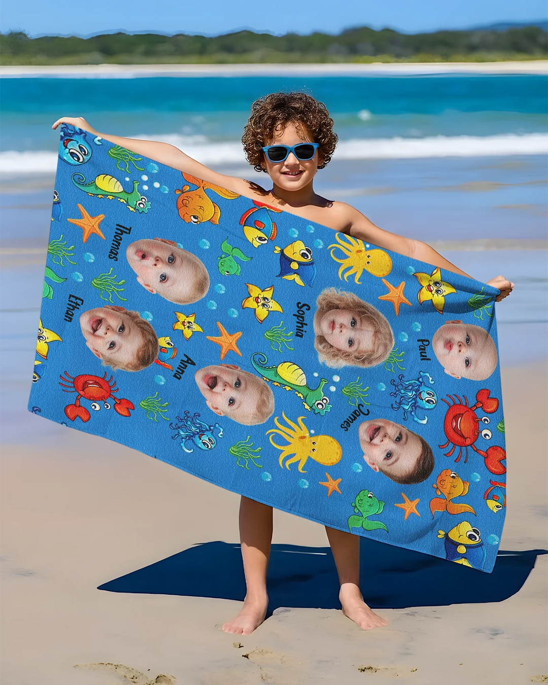 Personalisiertes Foto Niedliches Kindergesicht Aquarell Meerestiere Sommer Bambus Strandtuch