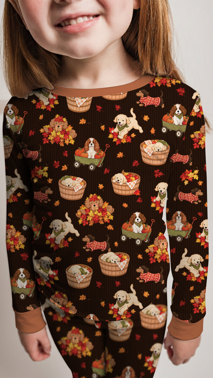 Pups in the Leaves Bamboo Two Piece Long Sleeve Pajama Set