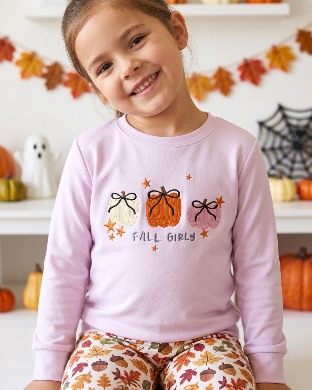 Fall Girly Embroidered Bamboo Crewneck Sweatshirt