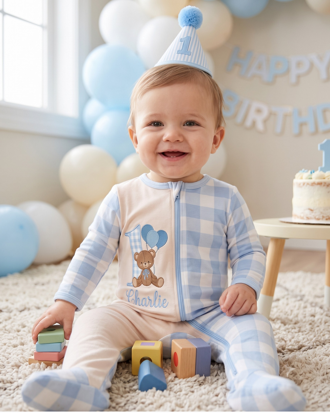Custom Name Teddy First Birthday Bamboo Zipper Footie