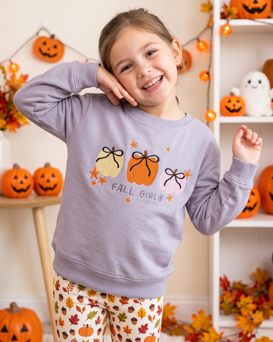 Fall Girly Embroidered Bamboo Crewneck Sweatshirt