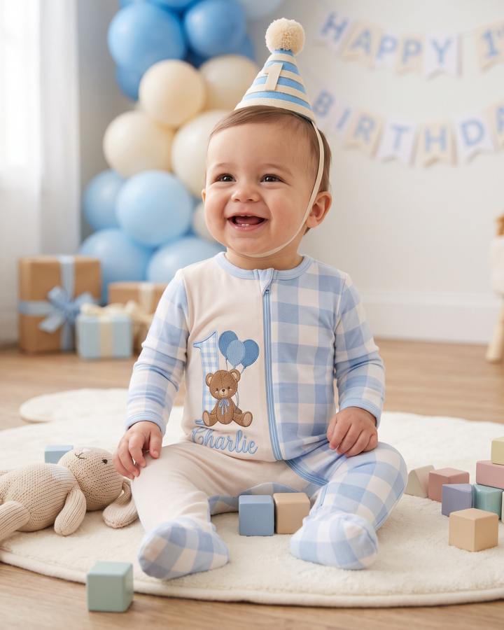 Custom Name Teddy First Birthday Bamboo Zipper Footie