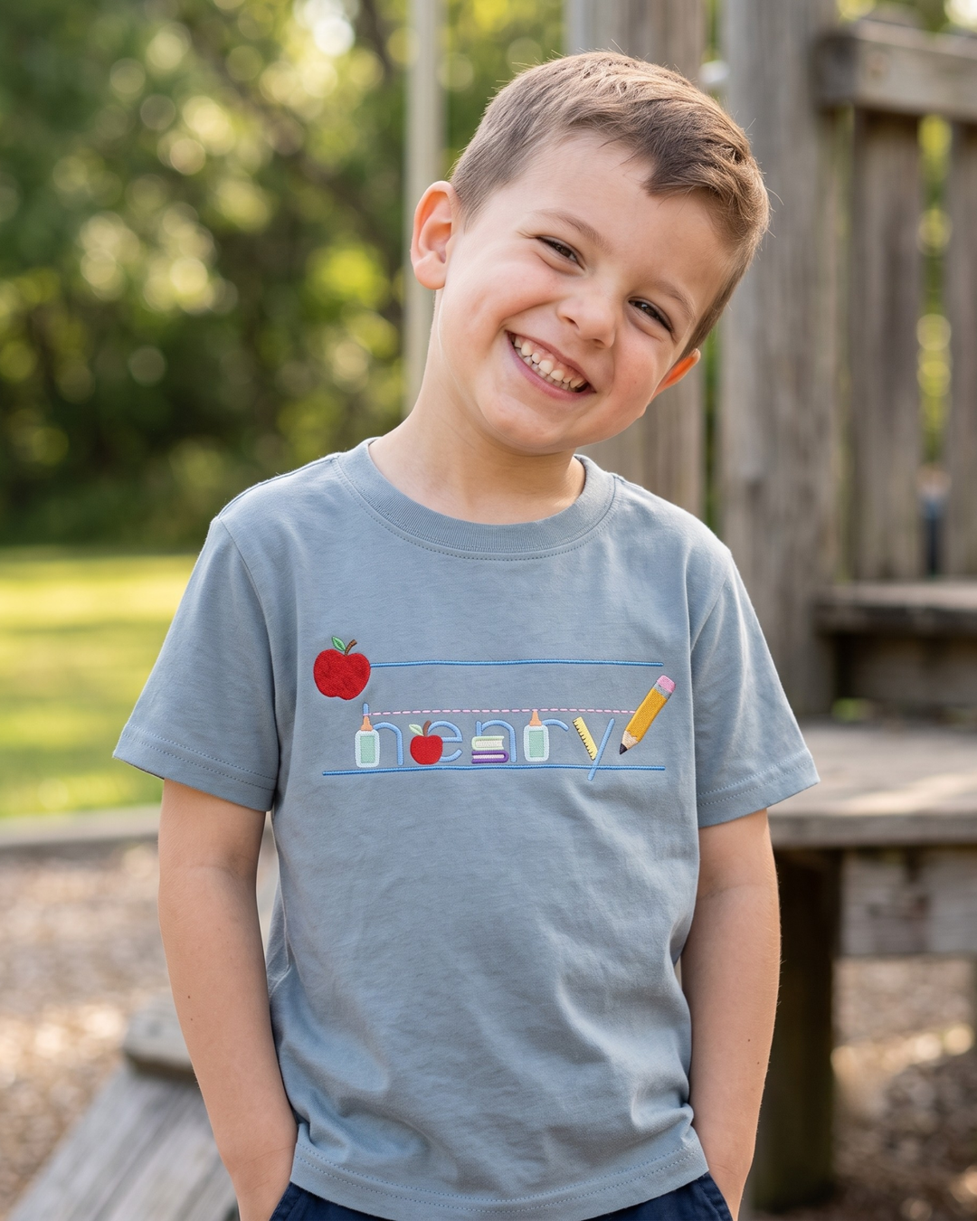 Custom School Supplies Alphabet Embroidered Bamboo Crewneck T-Shirt