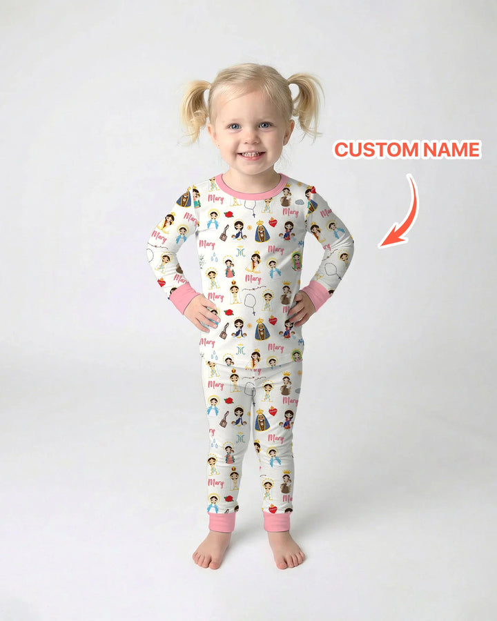Custom Name Mother Mary Bamboo Two Piece Long Sleeve Pajama Set