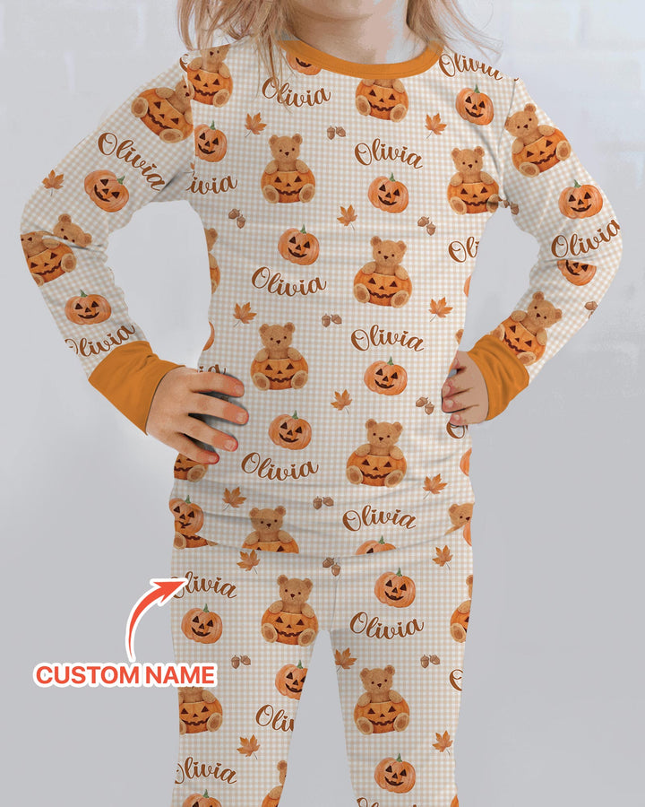 Custom Name Pumpkin Teddy Bamboo Two Piece Long Sleeve Pajama Set