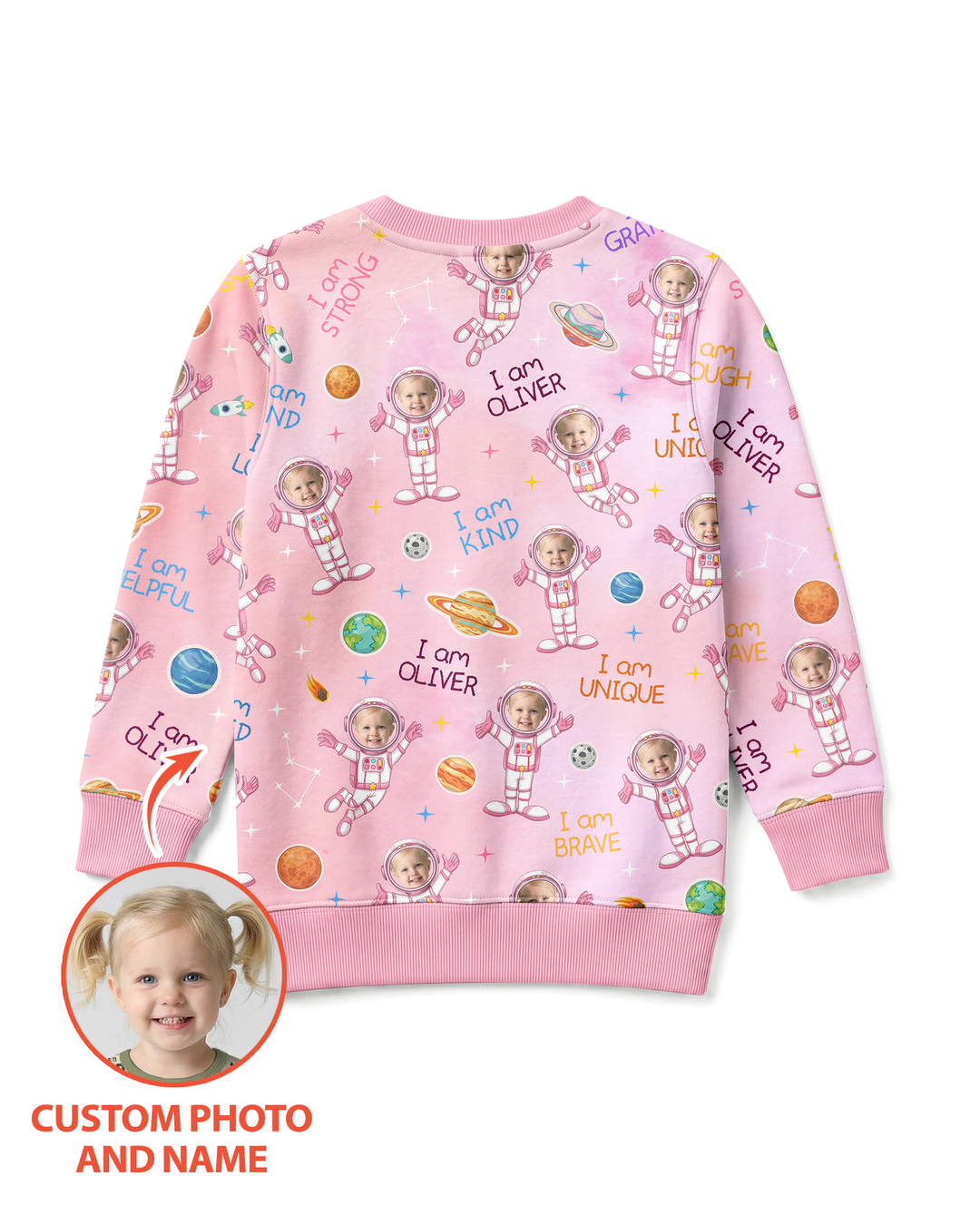 Custom Photo Kid Affirmations I Am Kind Astronaut Bamboo Crewneck Sweatshirt