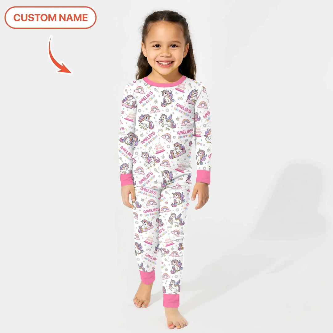 Custom Name Little Unicorn's Birthday Bamboo Two Piece Long Sleeve Pajama Set