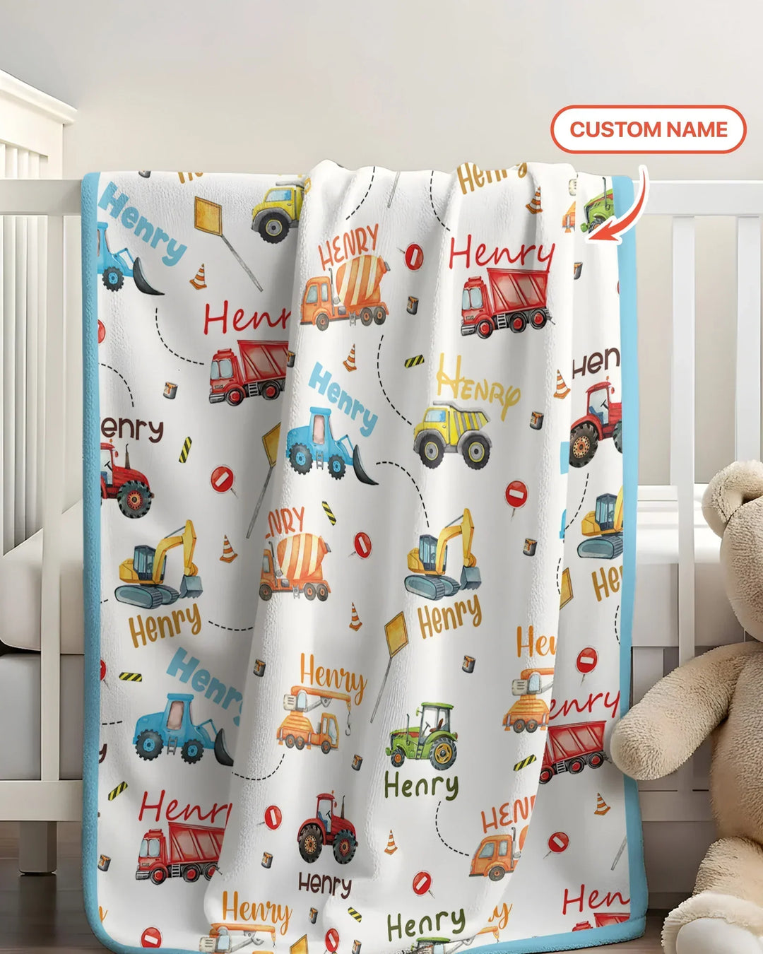 Construction Vehicles Custom Name Bamboo Blanket