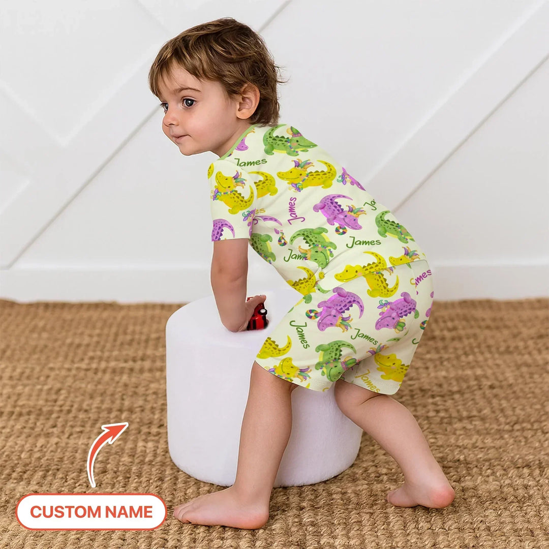 Custom Name Mardi Gras Alligator Bamboo Two Piece Short Sleeve Shorts Pajama Set