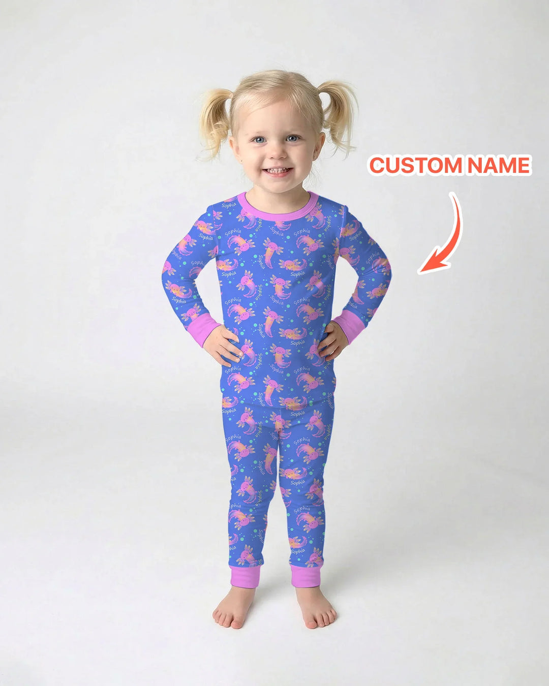 Axolotl Glow Custom Name Bamboo Two Piece Long Sleeve Pajama Set