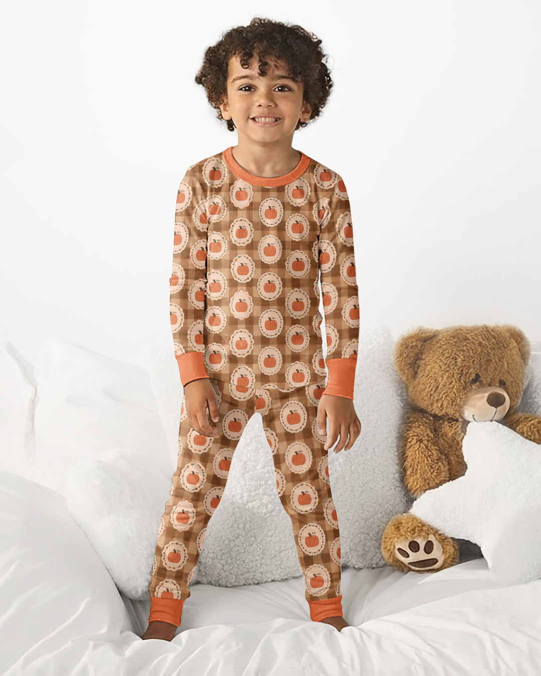 Folksy Framed Gingham Pumpkin Bamboo Two Piece Long Sleeve Pajama Set