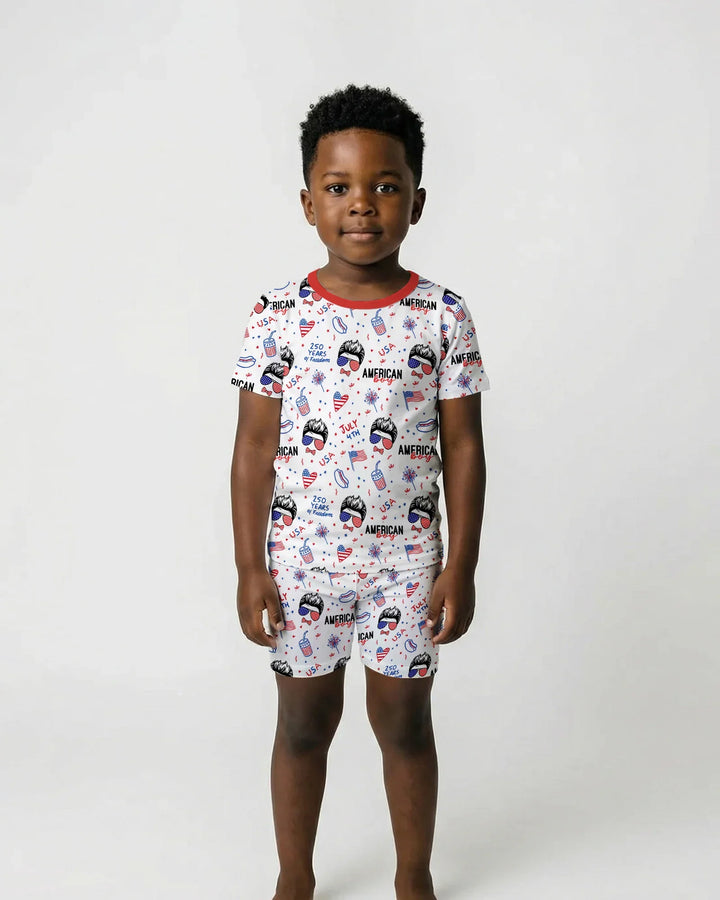 Doodle American Flag Glasses Family Matching Bamboo Two Piece Short Sleeve Shorts Pajama Set