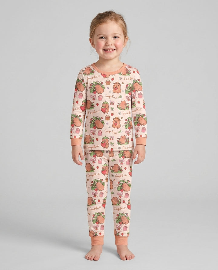 Custom Name Capybara Strawberry Bamboo Two Piece Long Sleeve Pajama Set