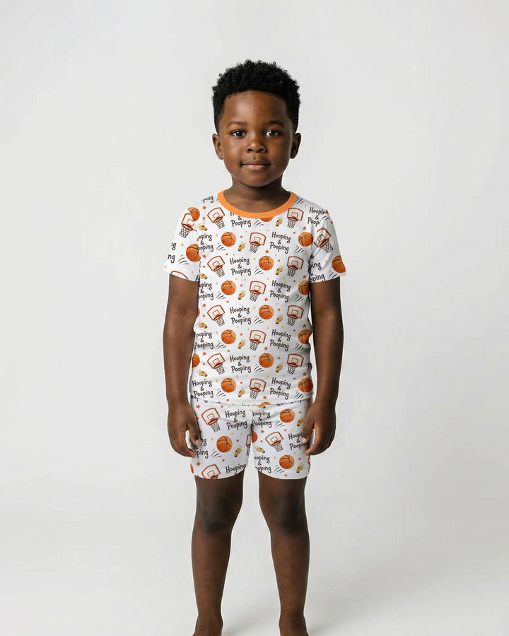 Funny Basketball Hooping & Pooping Bamboo Two Piece Short Sleeve Shorts Pajama Set