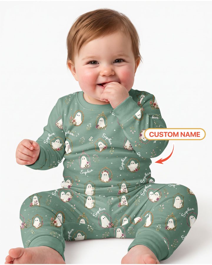 Vintage Floral Ghost Halloween Bamboo Two Piece Long Sleeve Pajama Set