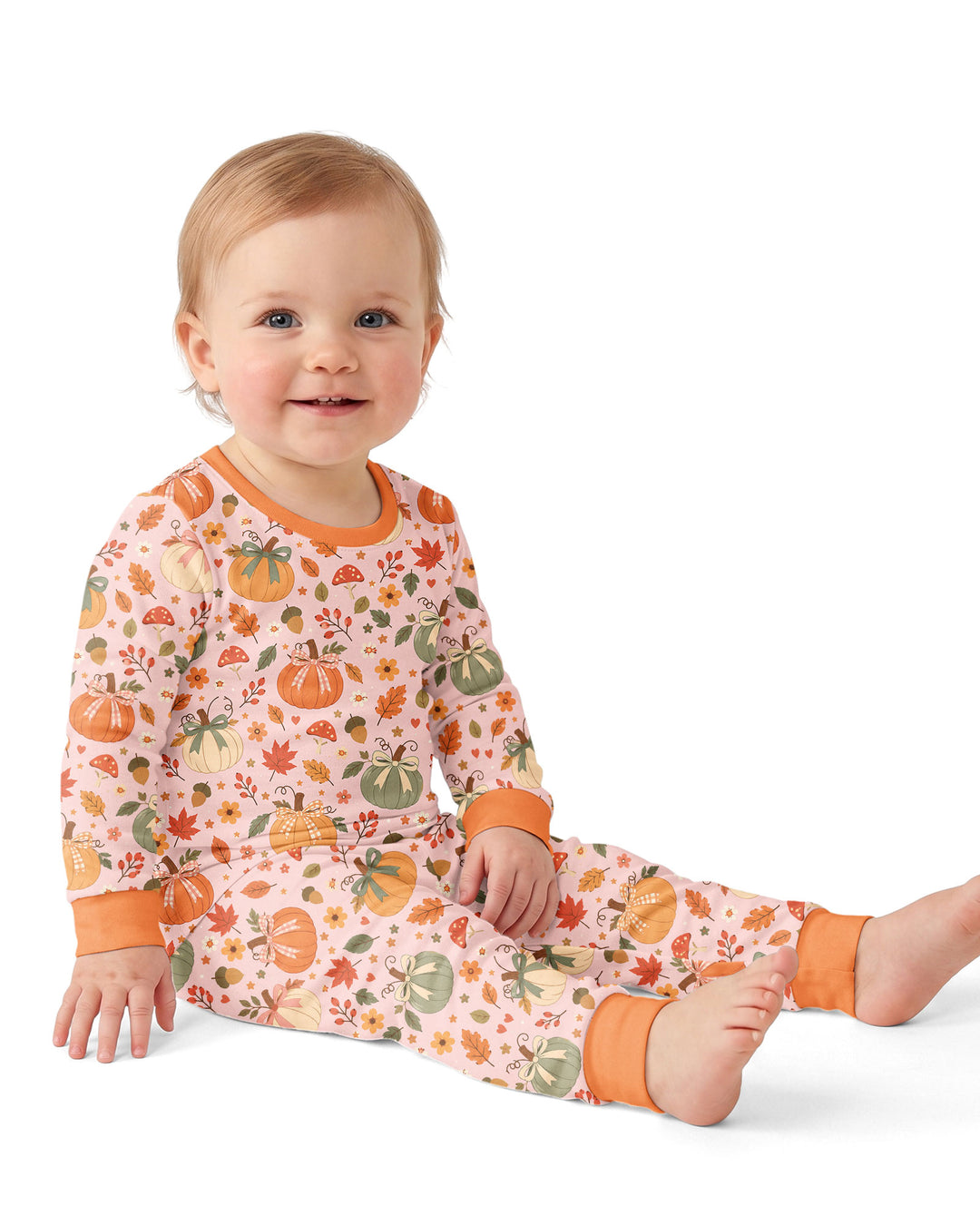 Pastel Pumpkin Bow Fall Bamboo Two Piece Long Sleeve Pajama Set
