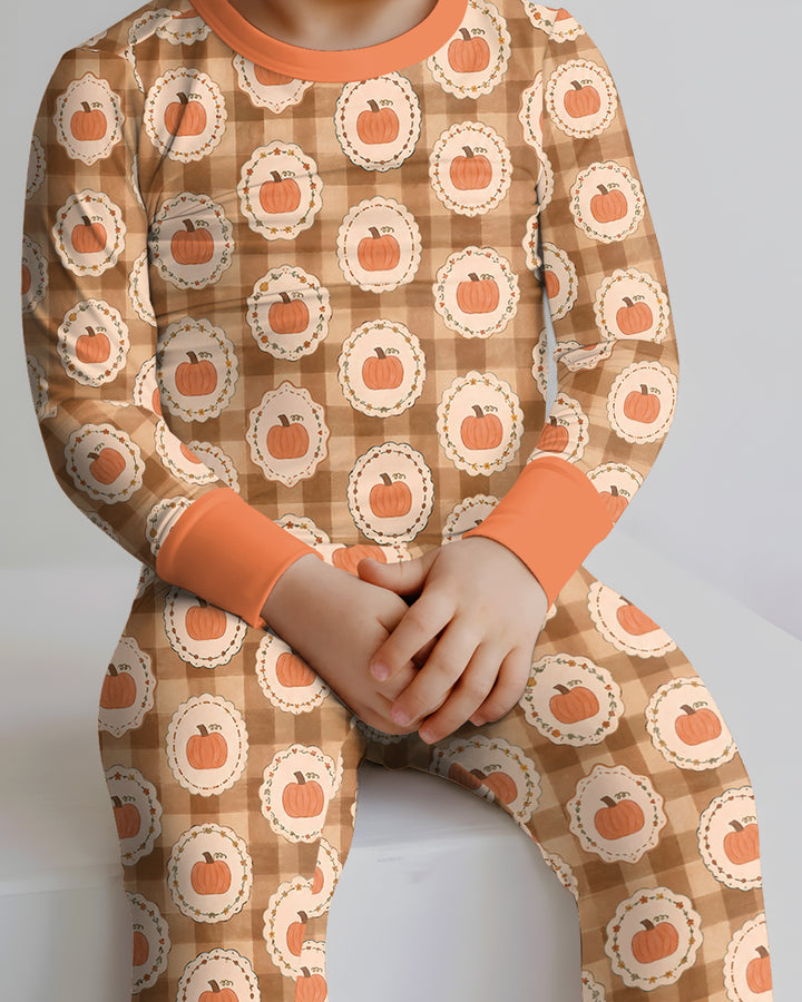 Folksy Framed Gingham Pumpkin Bamboo Two Piece Long Sleeve Pajama Set
