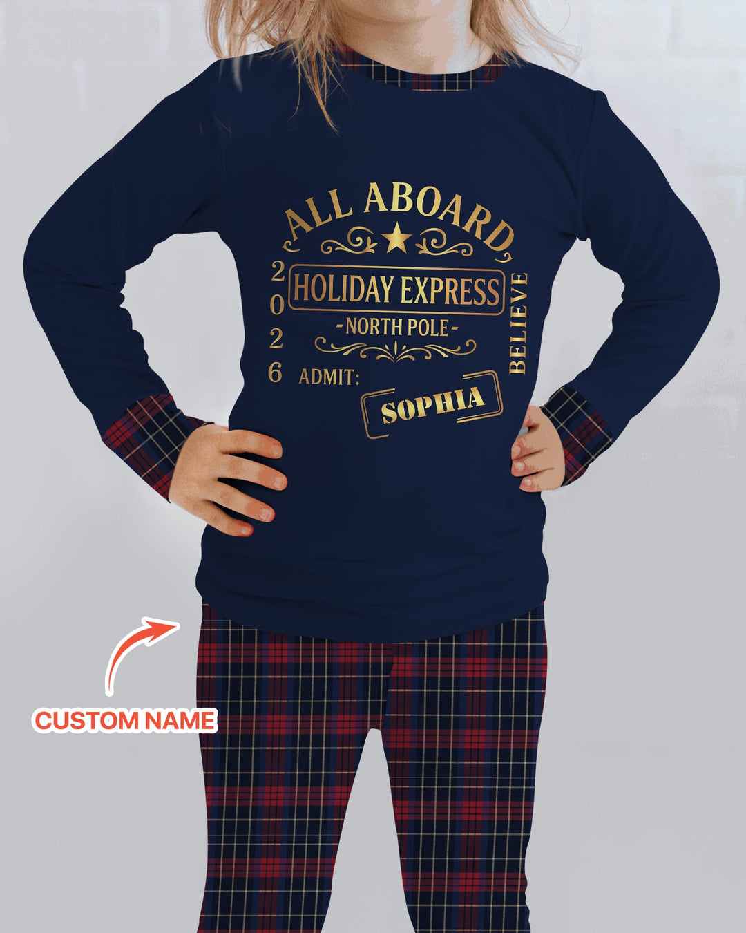 Custom Name North Pole Plaid Bamboo Two Piece Long Sleeve Pajama Set
