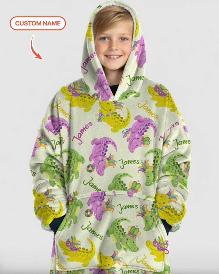 Personalisierter Name Mardi Gras Alligator Tragbare Bambus-Decken-Kapuzenjacke