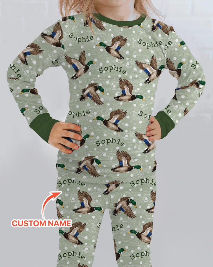 Custom Name Flying Mallard Duck Bamboo Two Piece Long Sleeve Pajama Set