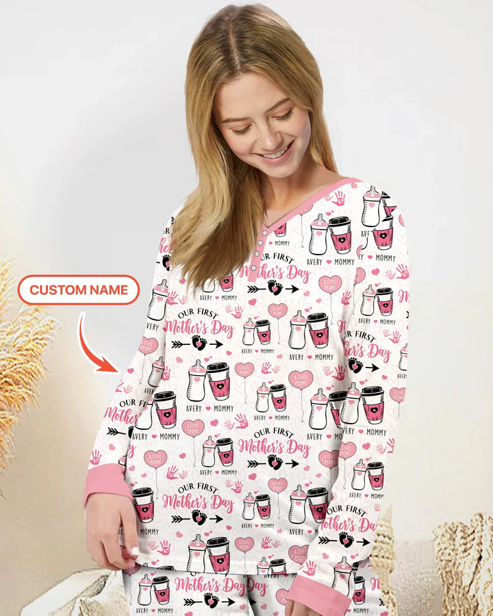 Personalisiertes „Erster Muttertag“-Trink-Pyjama-Set aus Bambus für Damen
